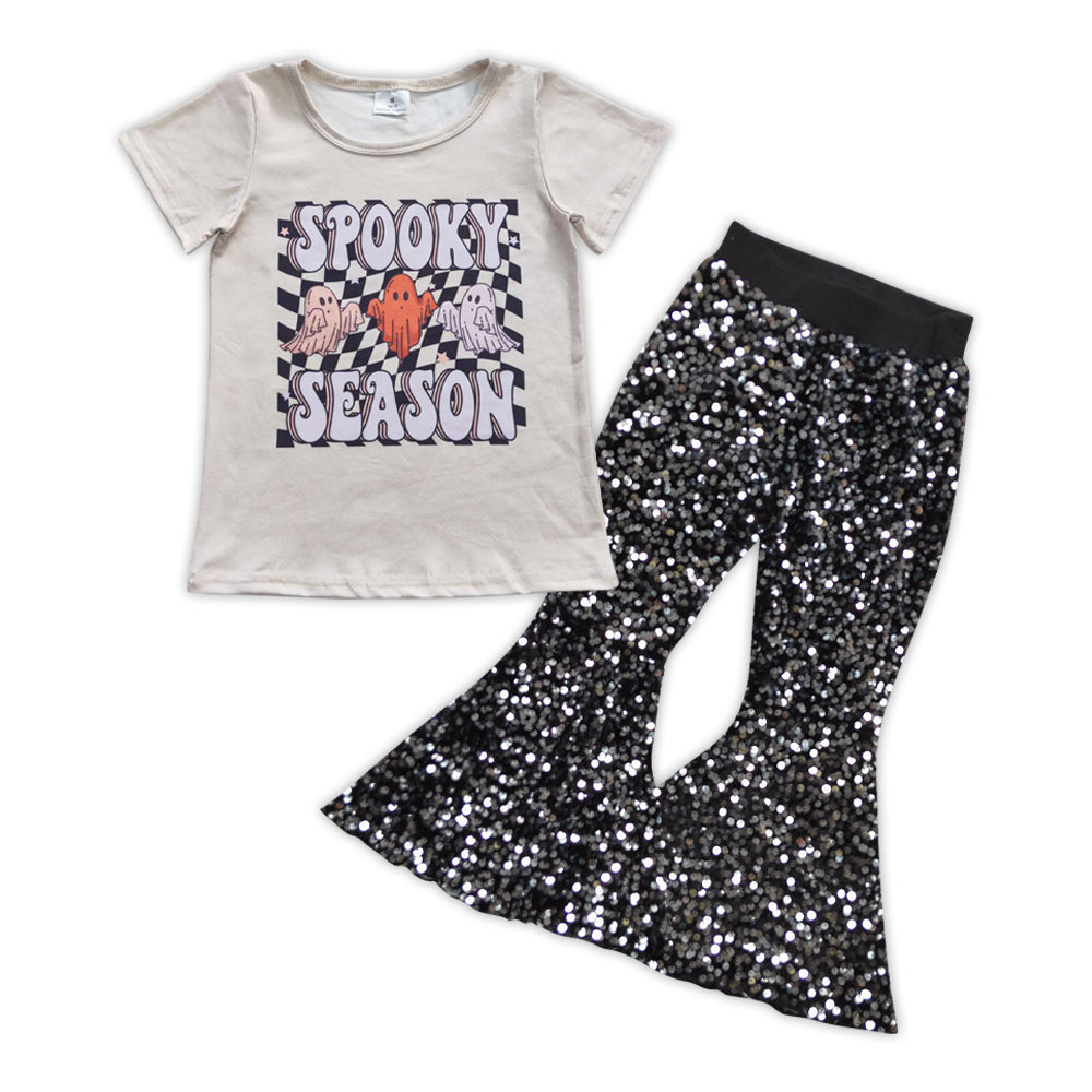 Baby Girls Spooky Season Top Black Sequin Bell Pants clothes sets