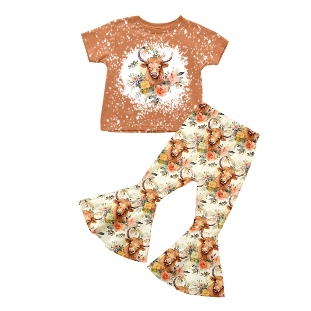 Baby Girls Western Brown Cow Flowers Tops Bell Pants Clothes Sets preorder