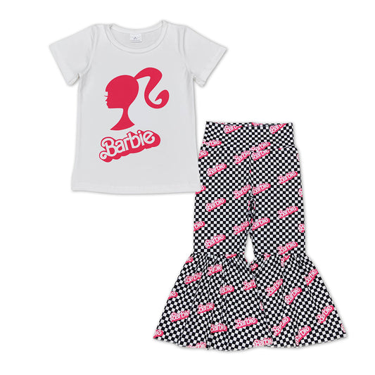 Baby Girls Pink Doll Tops Black Checkered Bell Pants Clothes Sets