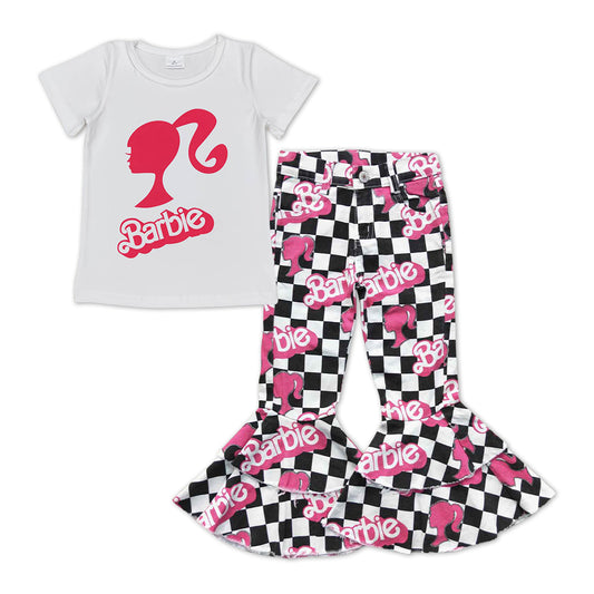 Baby Girls Doll Shirts Denim Pink Black Checkered Bell Pants Clothes Sets