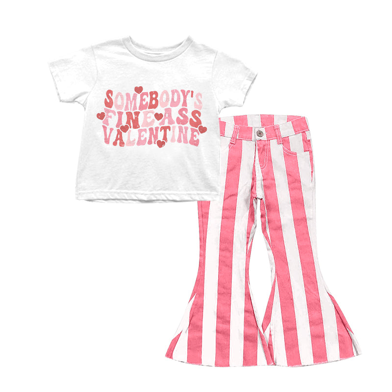 Baby Girls White Valentines Shirts Pink Stripes Bell Denim Pants clothes preorder