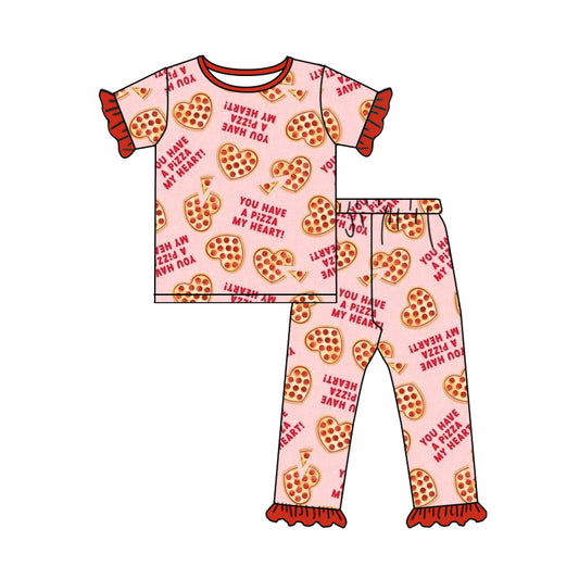 Baby Girls Pink Hearts Pizza Ruffle Shirt Pants Pajamas Clothing Sets preorder