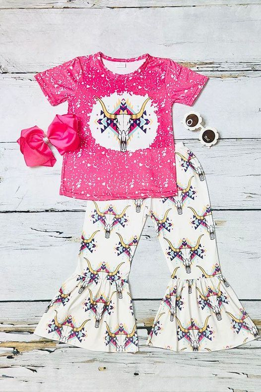 Baby Girls Pink Western Cow Shirts Bell Pants Clothing Sets preorder