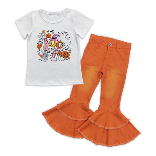 Girls Boo Pumpkin Tee Shirt Orange Bleached Denim Jeans Pants Clothes Sets