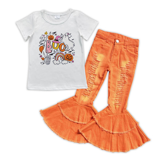 Girls Boo Pumpkin Tee Shirt Orange Distressed Denim Jeans Pants Clothes Sets