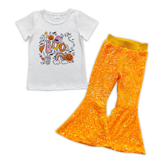 Girls Boo Pumpkin Tee Shirt Orange Sequin Bell Pants Clothes Sets