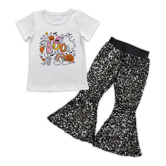 Girls Boo Pumpkin Tee Shirt Black Sequin Bell Pants Clothes Sets