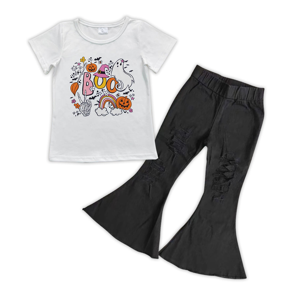 Girls Boo Pumpkin Tee Shirt Black Denim Jeans Pants Clothes Sets