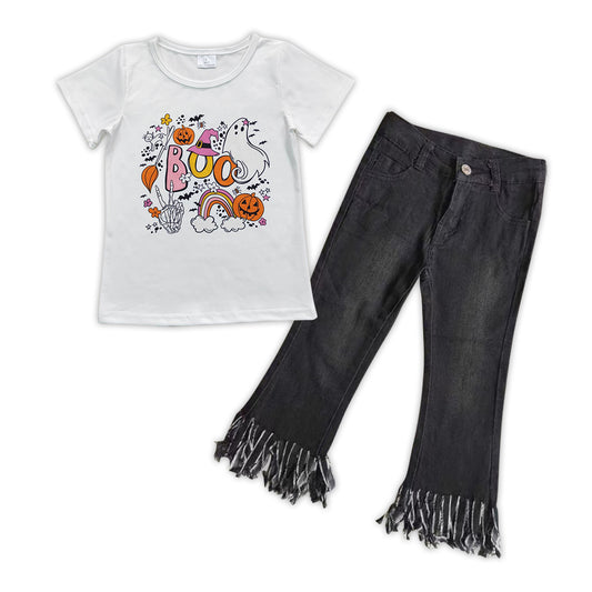 Girls Boo Pumpkin Tee Shirt Black Fringe Denim Jeans Pants Clothes Sets