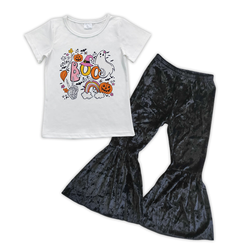 Baby Girl Boo Pumpkin Shirt Black Velvet Pants clothes sets