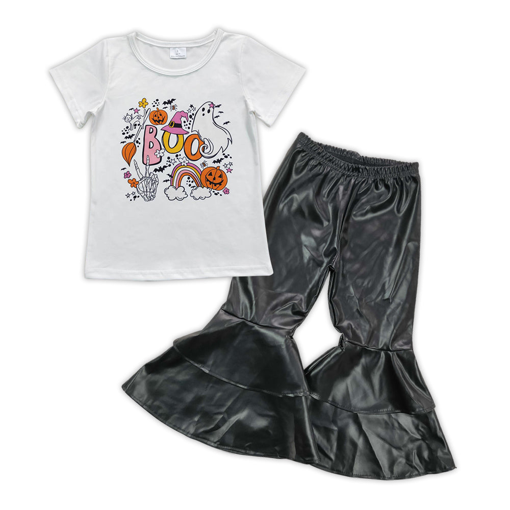 Girls Boo Pumpkin Tee Shirt Black Leather Bell Pants Clothes Sets