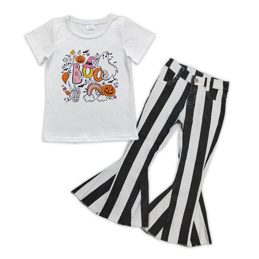 Girls Boo Pumpkin Tee Shirt Black Stripes Denim Jeans Pants Clothes Sets