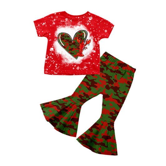 Baby Girls Red Crawfish Camo Hearts Tee Shirts Bell Bottom Pants Clothing Sets preorder