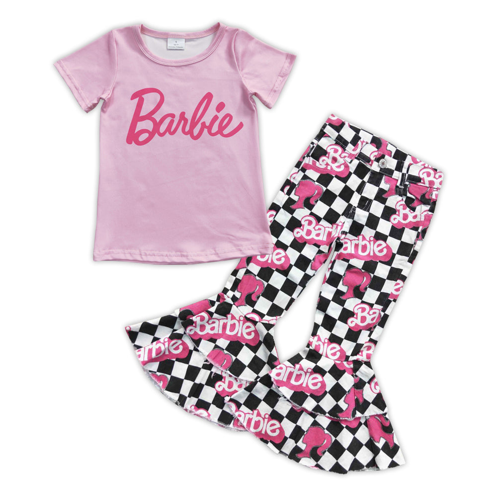 Girls Doll Pink Tee Shirt Black Checkered Denim Jeans Pants Clothes Sets