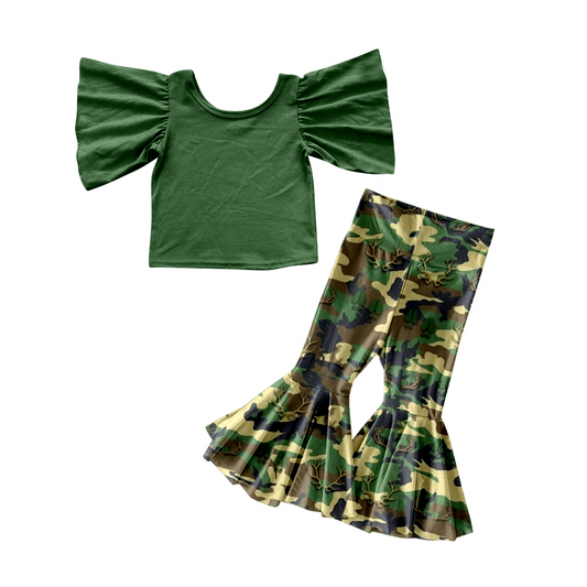 Baby Girls Flutter Sleeve Green Tee Shirt Camo Deer Bell Pants Clothing Sets preorder