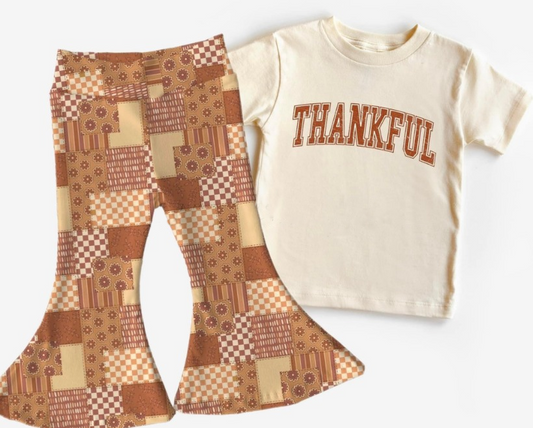 Baby Girls Thanksgiving Thankful Tee Shirt Flowers Bell Pants Clothing Sets preorder