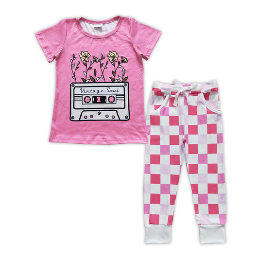 Baby Girls Pink Tape Short Sleeve Shirt Checkered Pants Clothes Sets