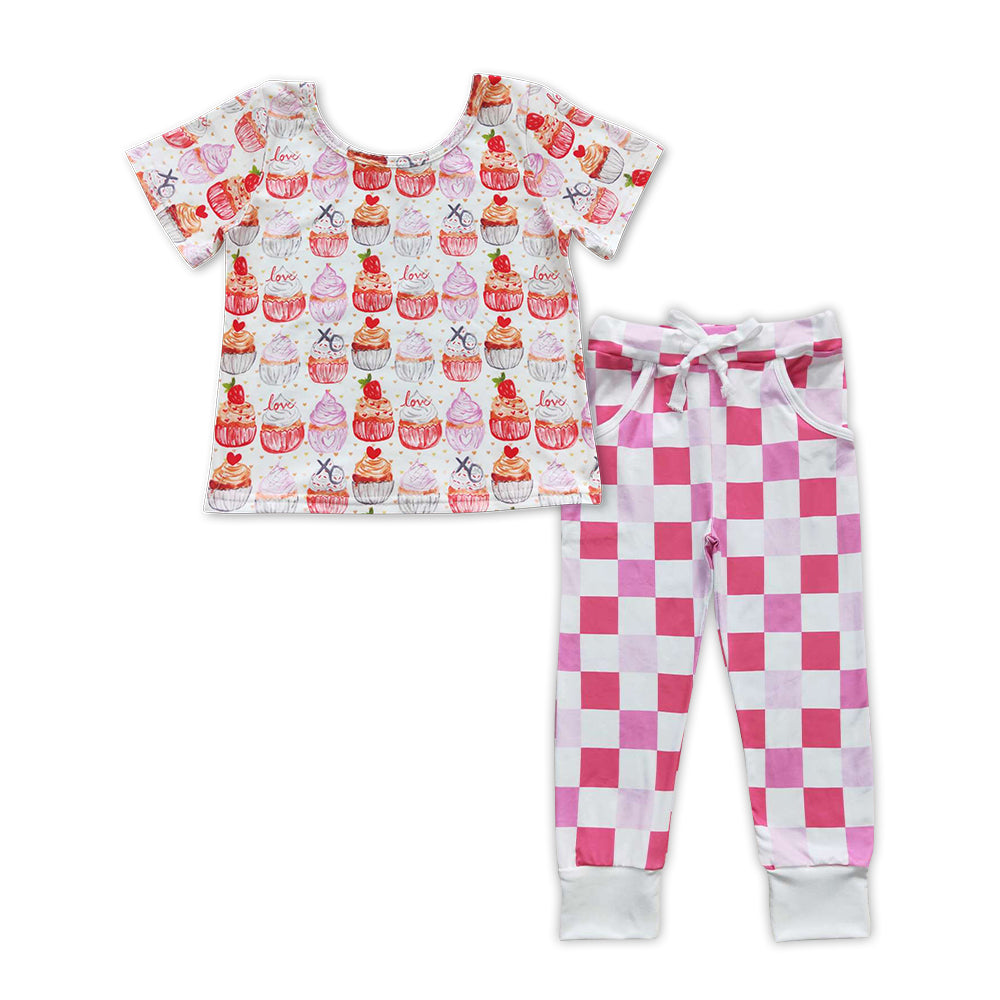 Baby Girls Pink Cake Short Sleeve Shirt Checkered Pants Clothes Sets