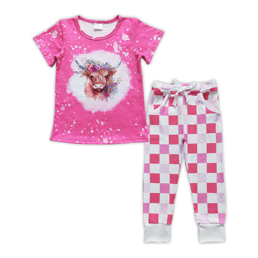 Baby Girls Pink Western Highland Cow Shirt Checkered Pants Clothes Sets