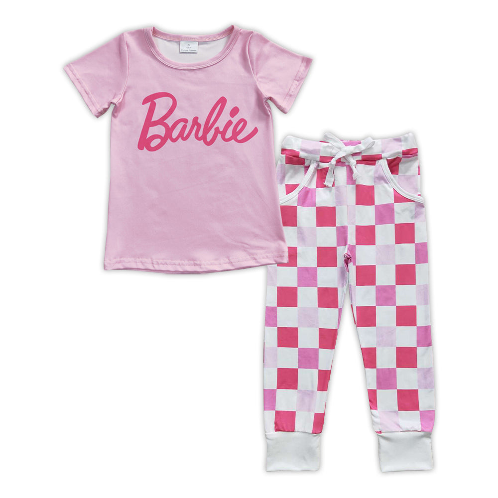 Baby Girls Pink Doll Shirt Checkered Pants Clothes Sets