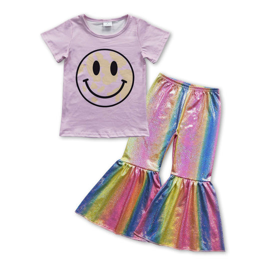 Girls Smile Tee Shirts Tops Colorful Sparkle Bell Pants Clothes Sets