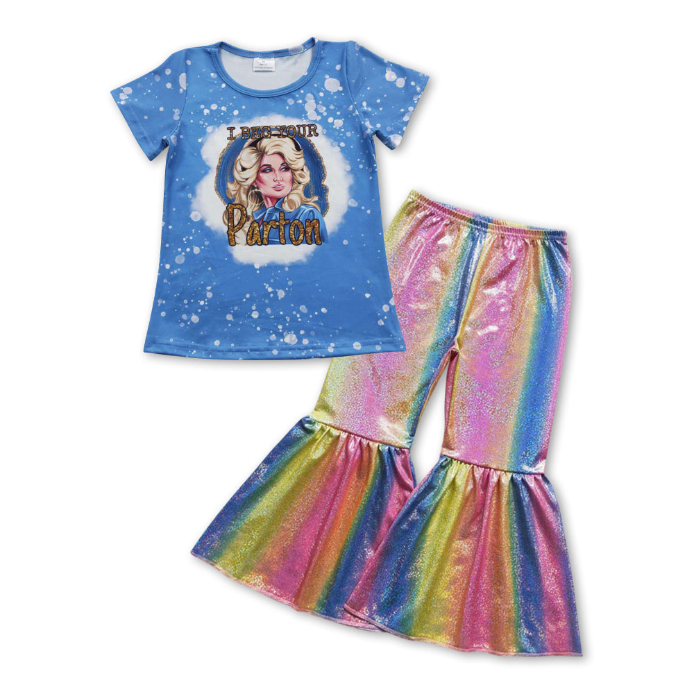 Girls Singer Tee Shirts Tops Colorful Sparkle Bell Pants Clothes Sets