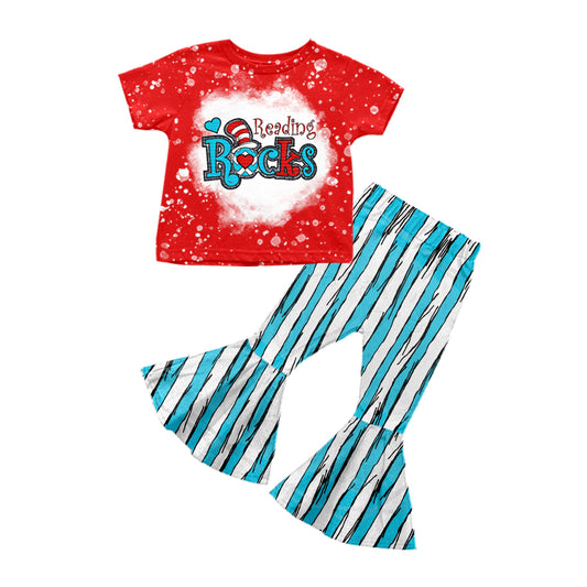 Baby Girls Red Reading Short Sleeve Tee Shirts Stripes Bell Pants Clothes Sets preorder