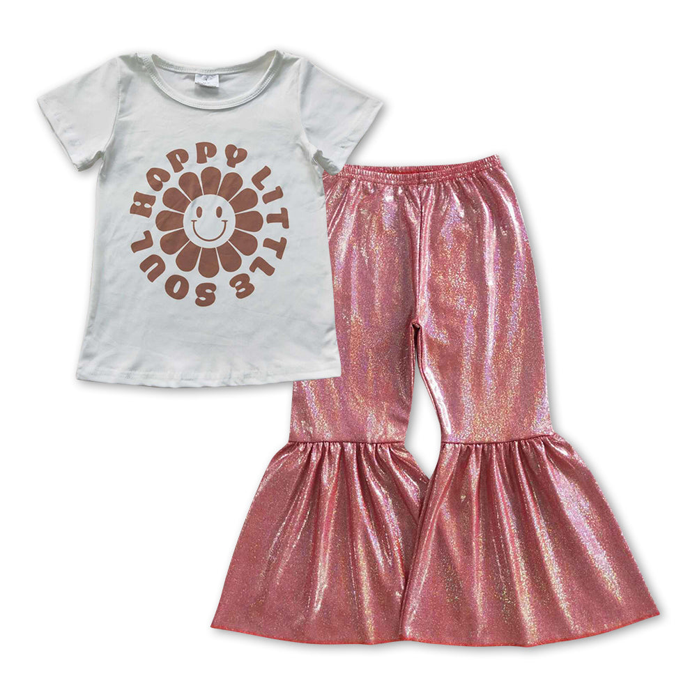 Girls Happy Little Sould Tee Shirts Tops Sparkle Bell Pants Clothes Sets