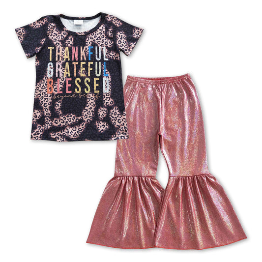 Girls Thankful Leopard Tee Shirts Tops Sparkle Bell Pants Clothes Sets