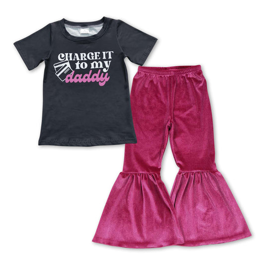 Girls Charge It To My Daddy Shirt Black Pink Velvet Pants Clothes Sets