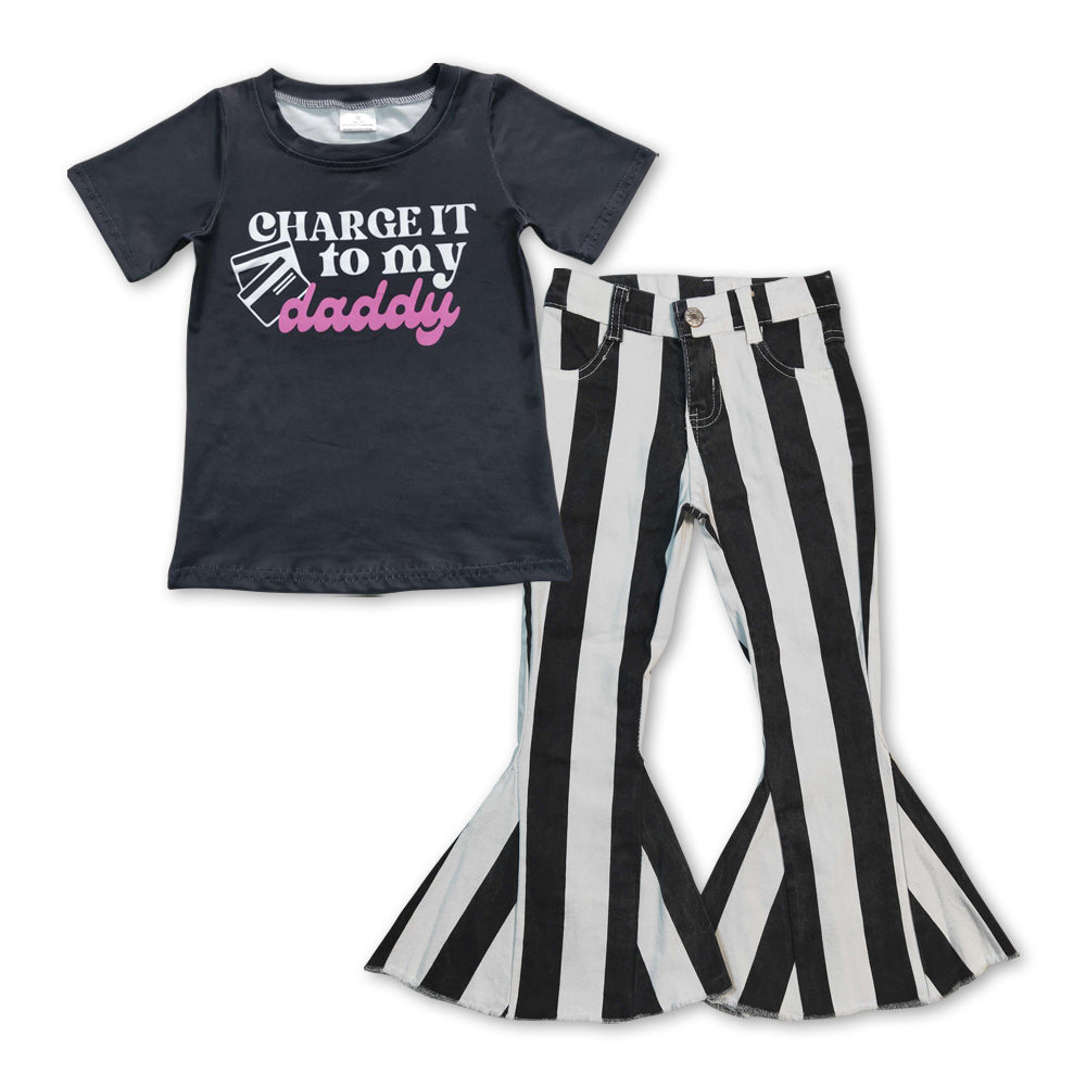 Girls Charge It To My Daddy Shirt Black Stripes Denim Jeans Pants Clothes Sets