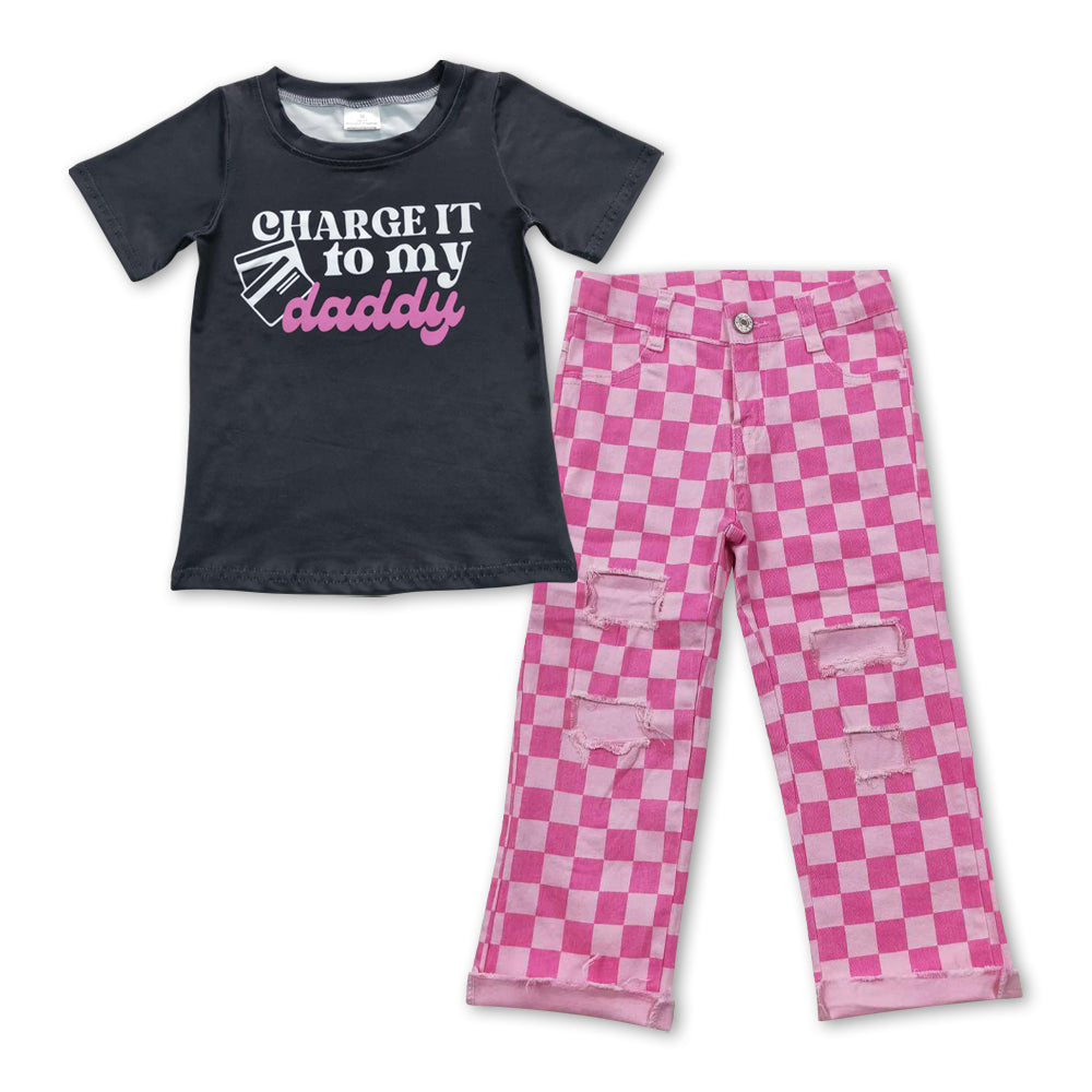 Girls Charge It To My Daddy Shirt Pink Checkered Denim Jeans Pants Clothes Sets