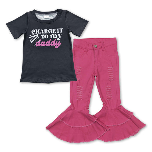 Girls Charge It To My Daddy Shirt Pink Denim Jeans Pants Clothes Sets