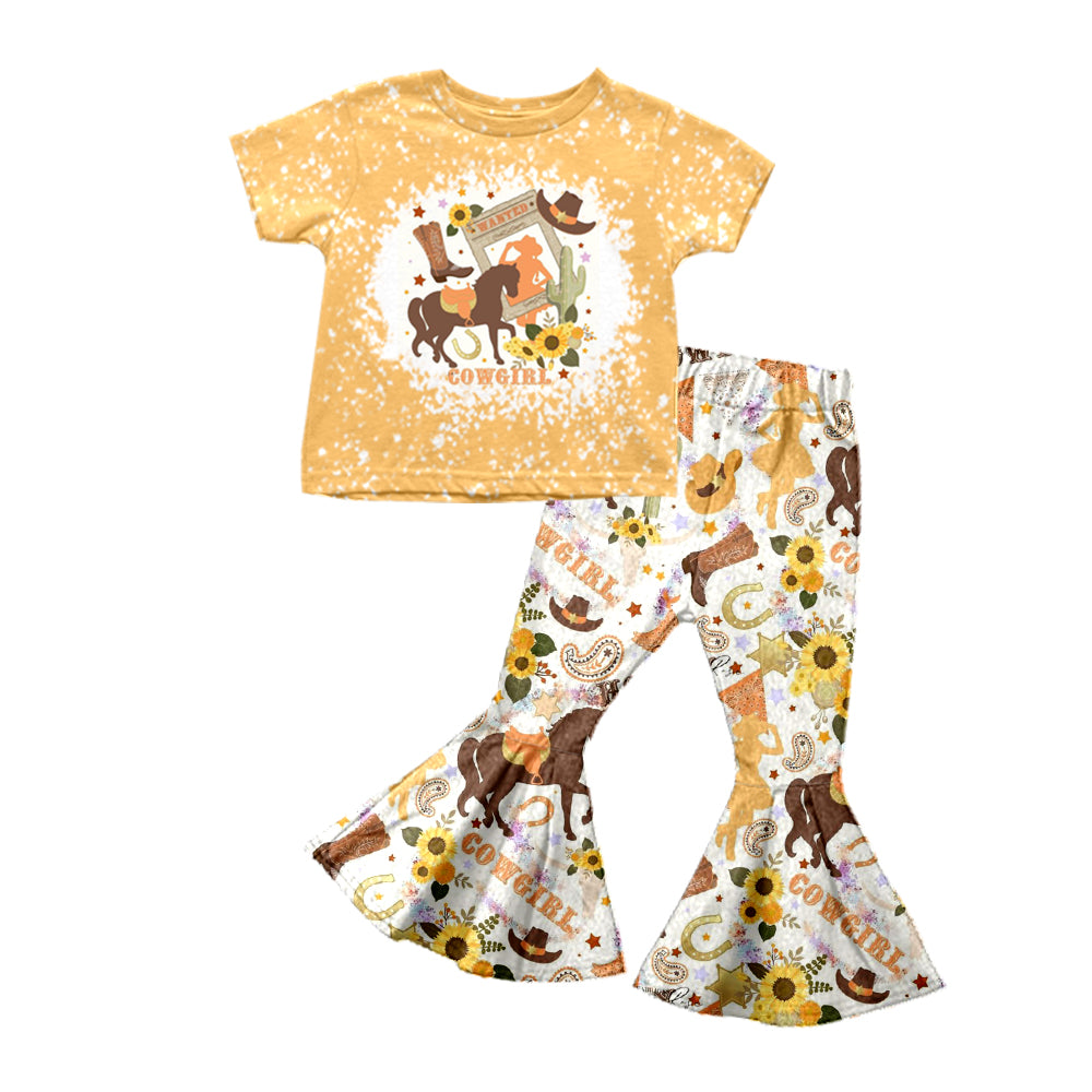 Baby Girls Cowgirl Western Short Sleeve Shirt Bell Pants Clothes Sets preorder