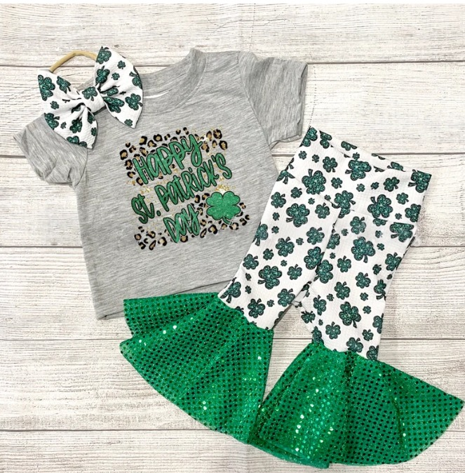 Baby Girls Happy St Patrick Day Shirt Quatrefoil Bell Pants Clothes Sets preorder