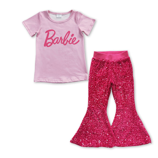 Baby Girls Pink Doll Words Short Sleeve Tee Top Sequin Bell Pants Clothes Sets