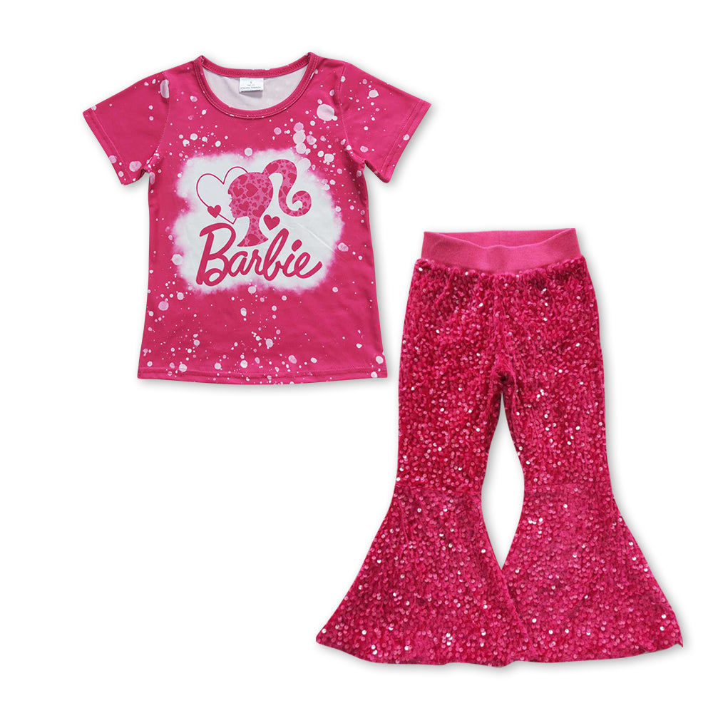 Baby Girls Pink Doll Hearts Short Sleeve Tee Top Sequin Bell Pants Clothes Sets