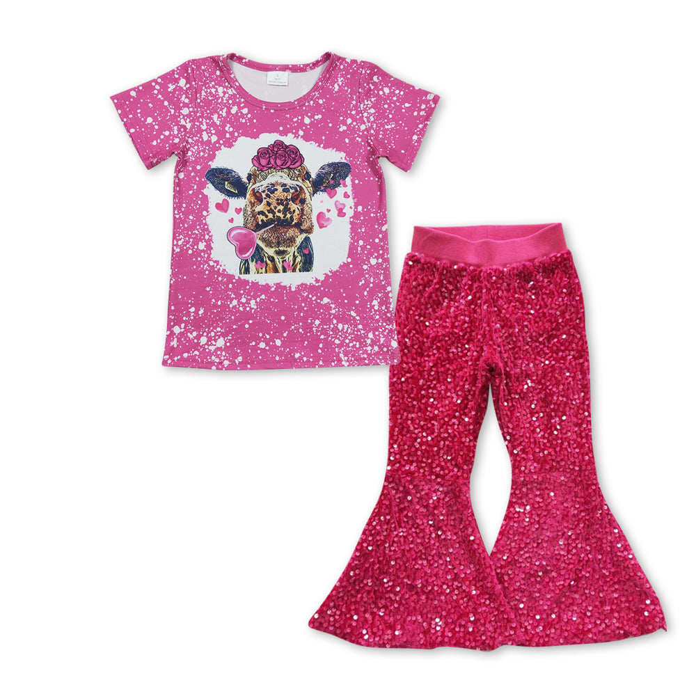 Baby Girls Pink Heifer Short Sleeve Tee Top Sequin Bell Pants Clothes Sets