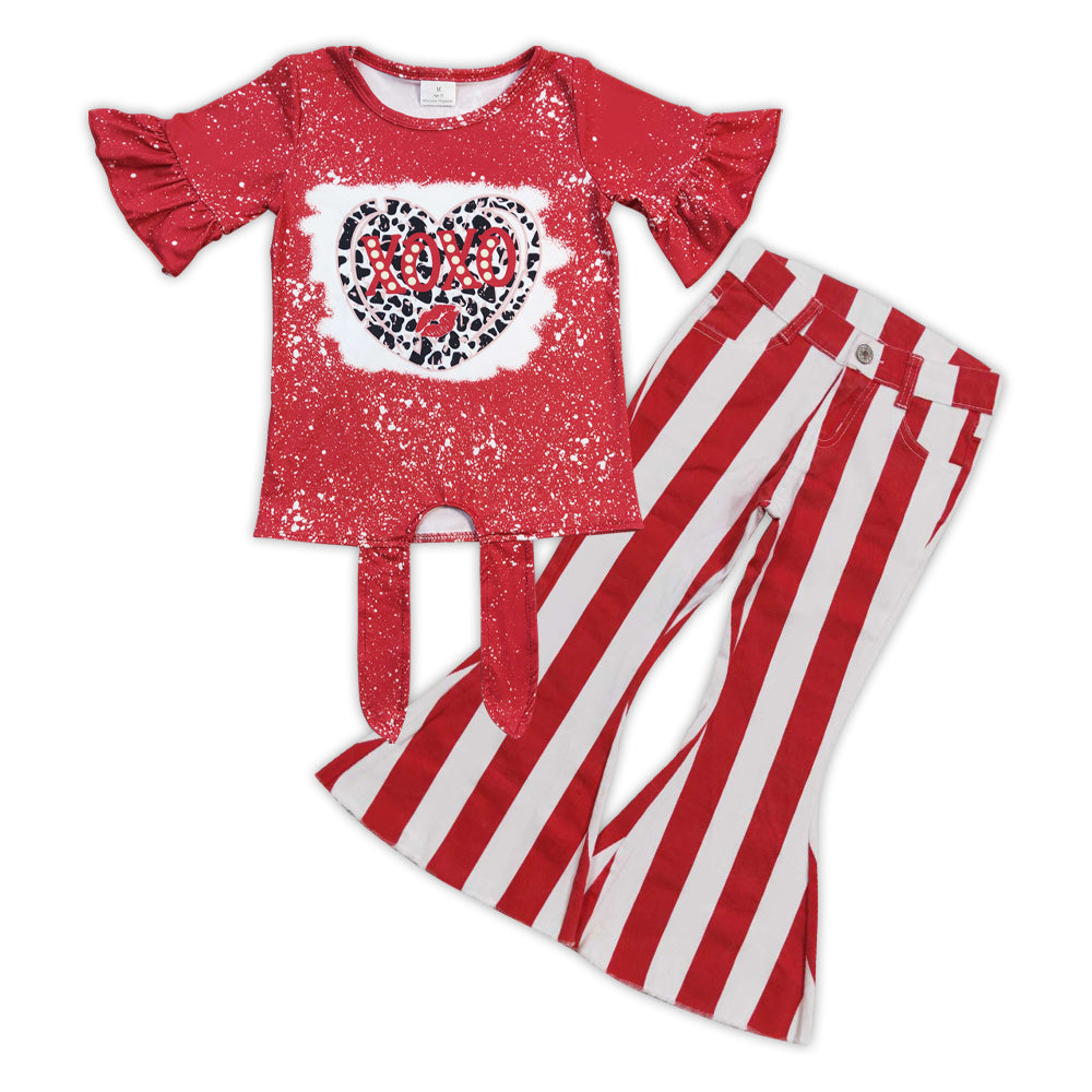 Baby Girls Valentines Leopard Hearts Shirts Red Stripes Denim Bell Pants Clothes Sets