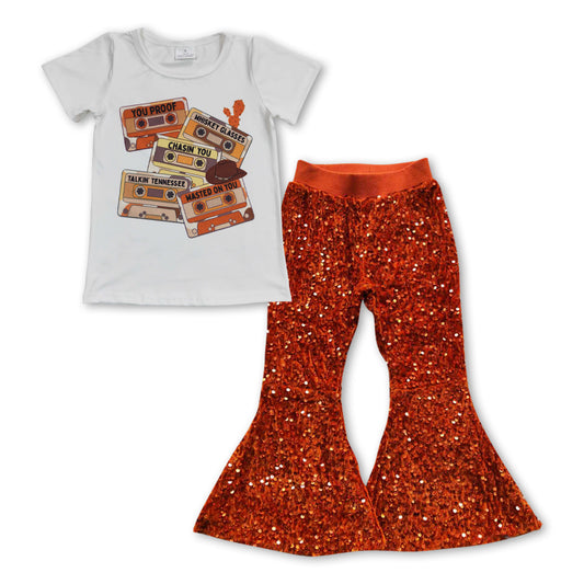 Baby Girls Tapes Short Sleeve Tee Top Dark Orange Sequin Bell Pants Clothes Sets