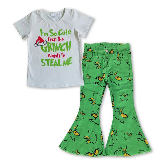 Baby Girls Green Face Shirts Denim Bell Christmas Pants Clothes Sets