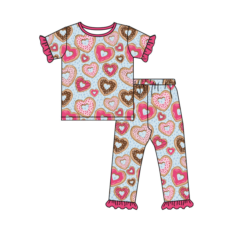 Baby Girls Short Sleeve Ruffle Tee Shirts Valentines Hearts Donuts Pajamas Clothing Sets preorder