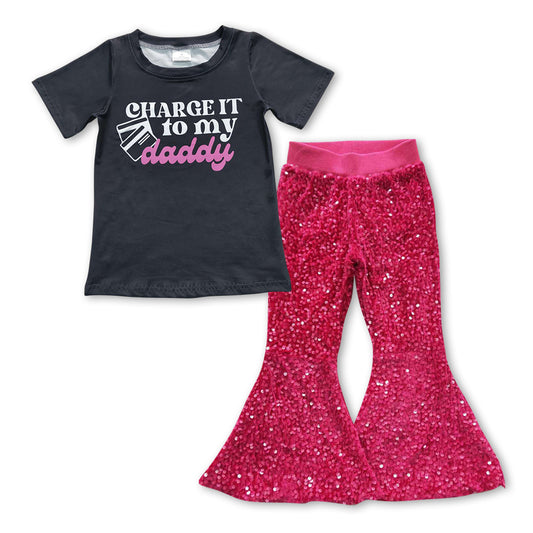 Baby Girls Daddy Short Sleeve Shirts Sequin Pink Bell Pants Clothes Sets