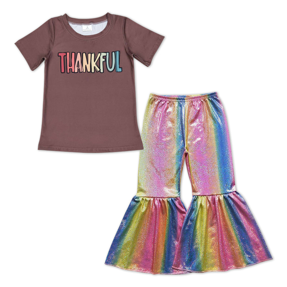 Girls Thanksgiving Thankful Tee Shirts Tops Colorful Sparkle Bell Pants Clothes Sets