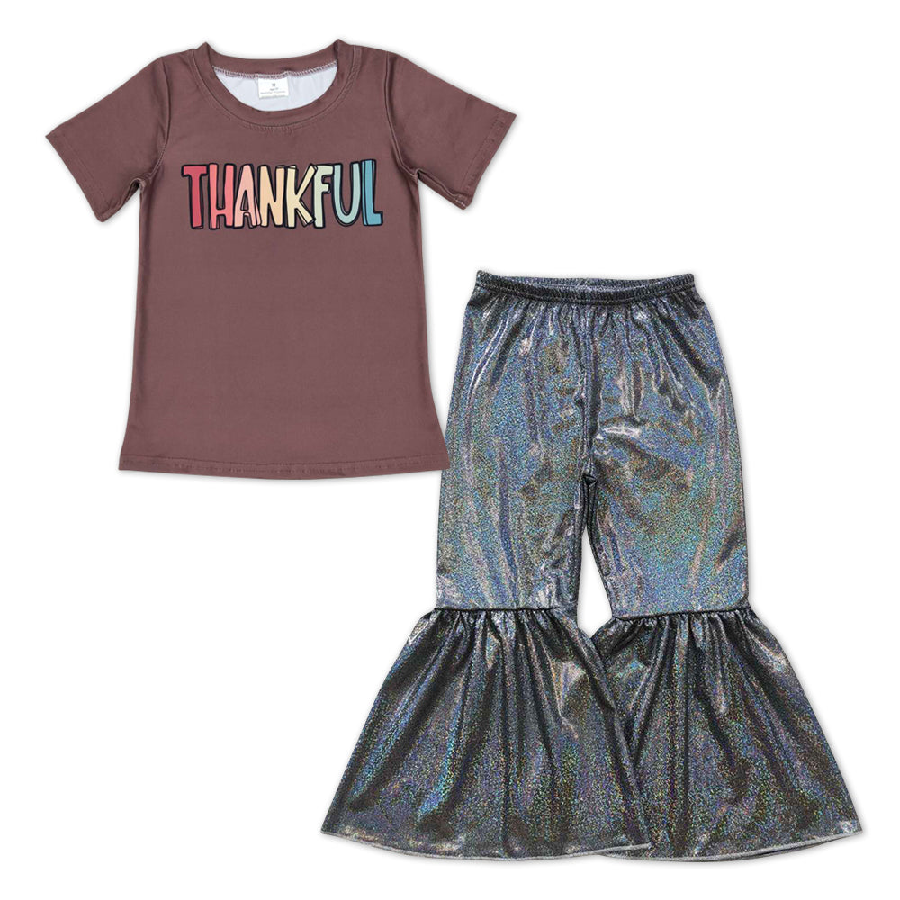 Girls Thanksgiving Thankful Tee Shirts Tops Black Sparkle Bell Pants Clothes Sets