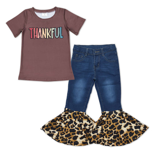 Baby Girls Thanksgiving Thankful Shirts Denim Leopard Bell Pants Clothes Sets