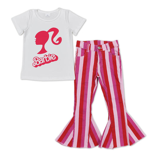 Baby Girls Doll Shirts Denim Pink Stripes Bell Pants Clothes Sets