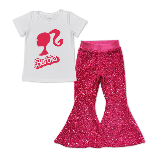 Baby Girls Doll Short Sleeve Shirts Sequin Pink Bell Pants Clothes Sets