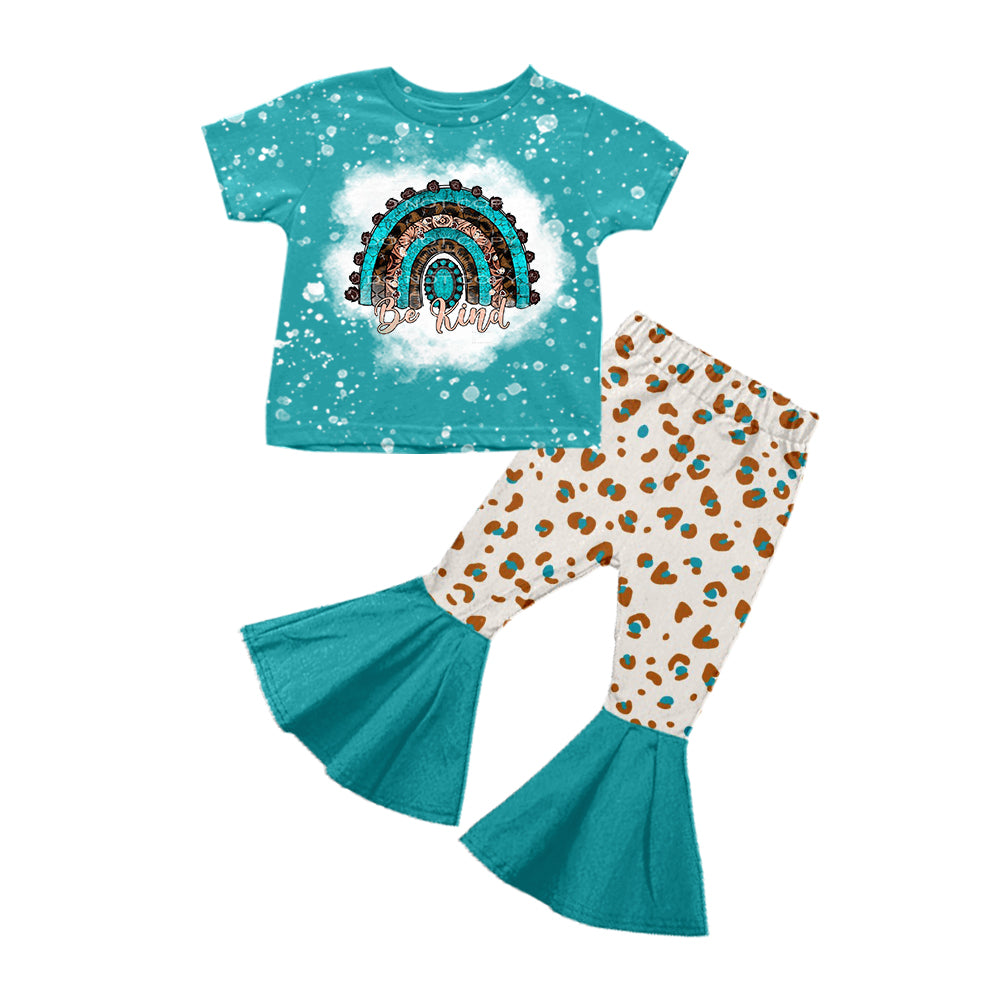 Baby Girls Be Kind Tee Turquoise Shirt Top Leopard Bell Pants Clothes Sets preorder