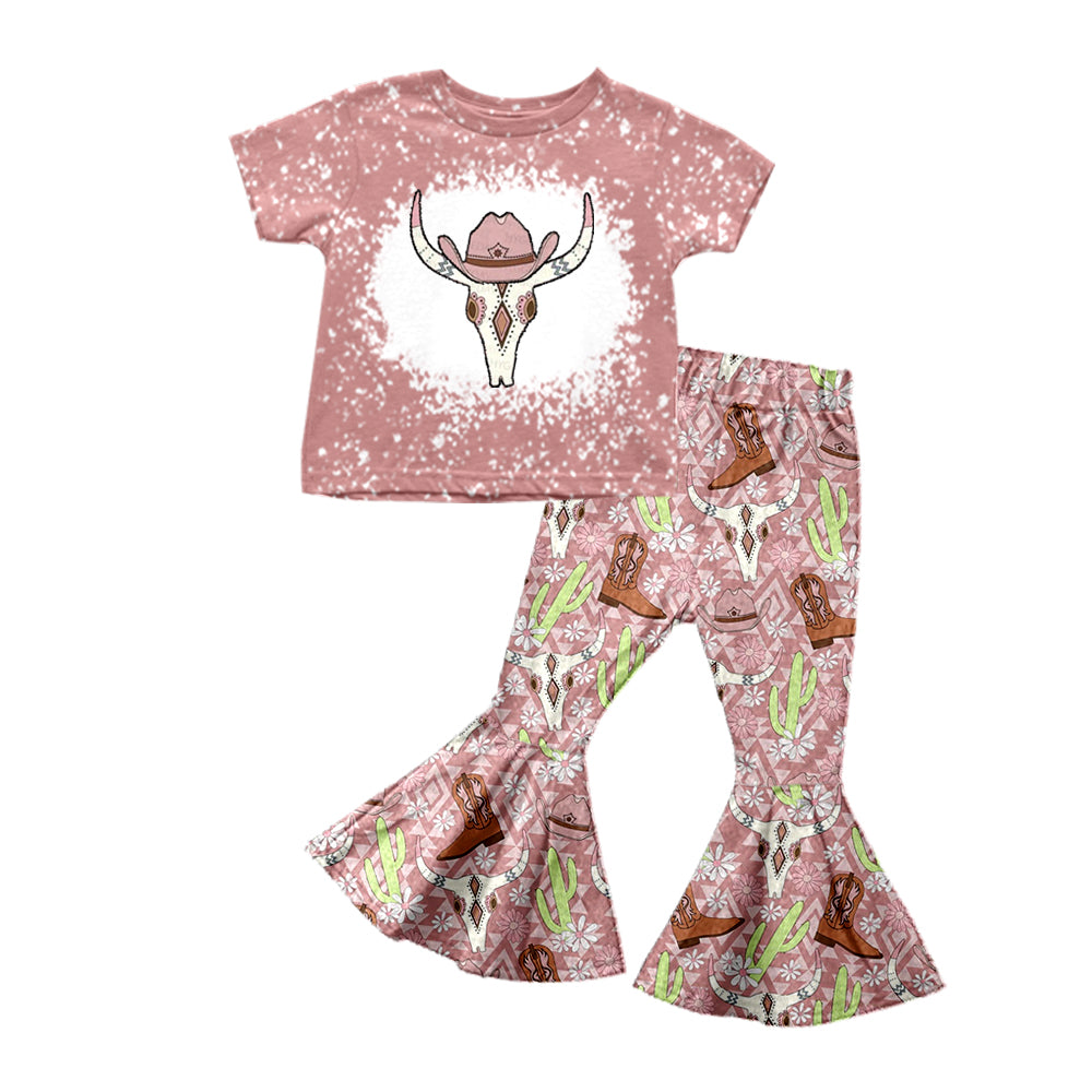 Baby Girls Western Pink Cow Skull Tee Shirt Top Cactus Bell Pants Clothes Sets preorder
